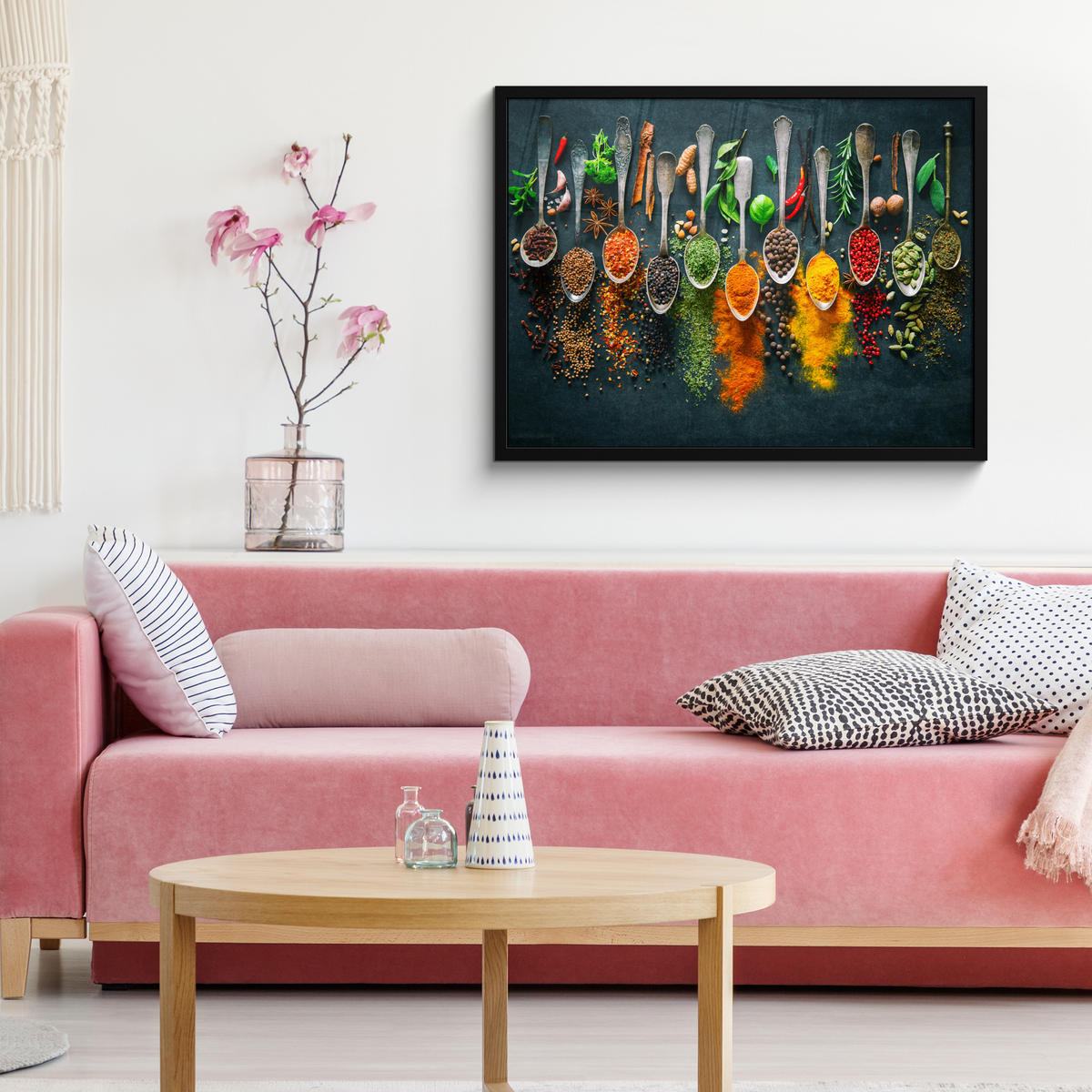 ZARÁMOVANÝ PLAGÁT Bylinky - korenie - lyžičky 80x60 cm - kari žltá, papier (80/60cm) - MuchoWow