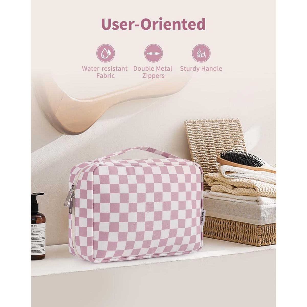 KULTURTASCHE zum Aufhängen Schachbrettmuster Altrosa - Rosa, Textil (5/1/5cm)