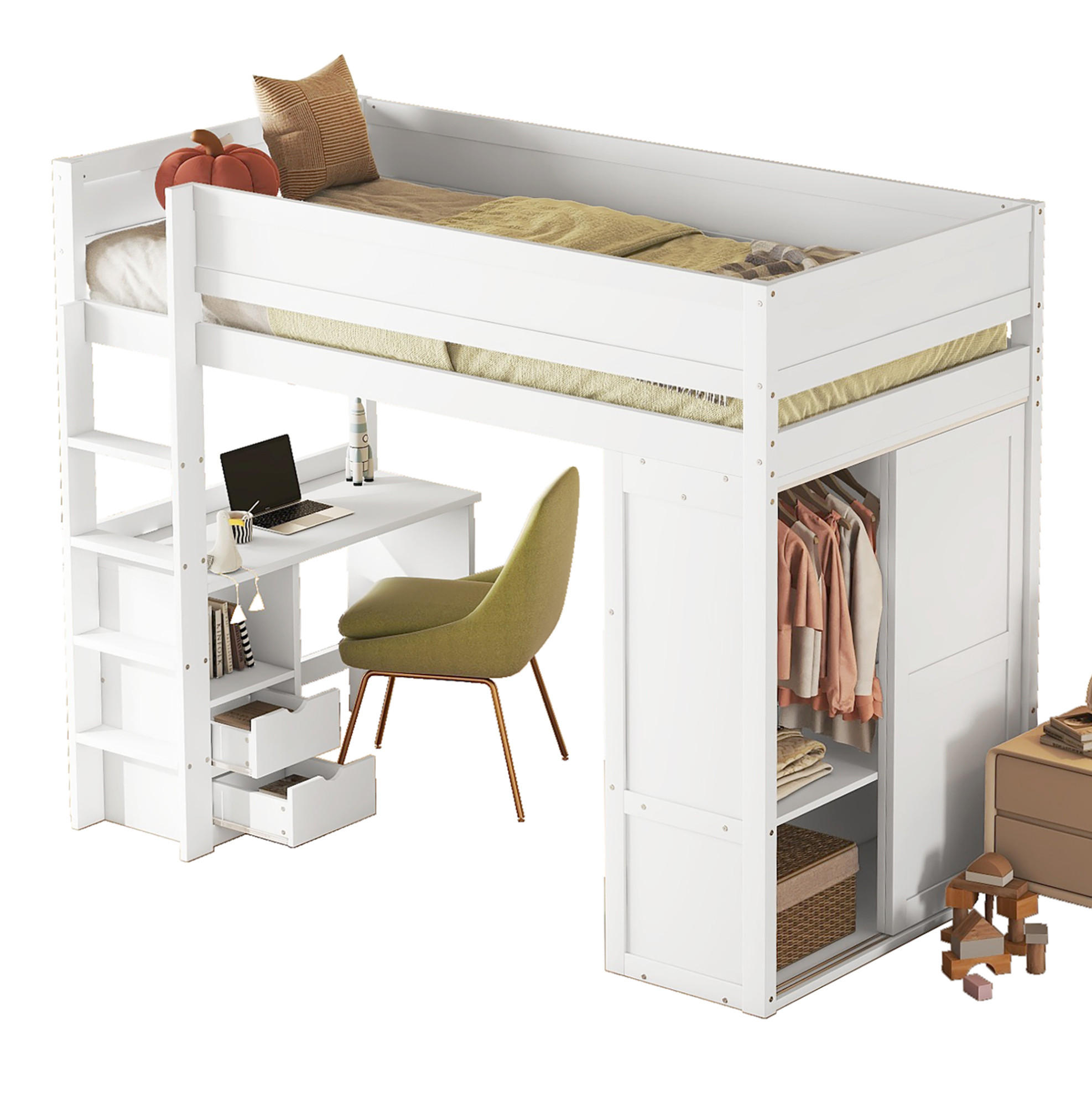 HOCHBETT mit Schreibtisch 90/200 cm in Weiß – mit Kleiderschrank und Schubladen - Weiß, Holz (90/200cm) - BEAOK