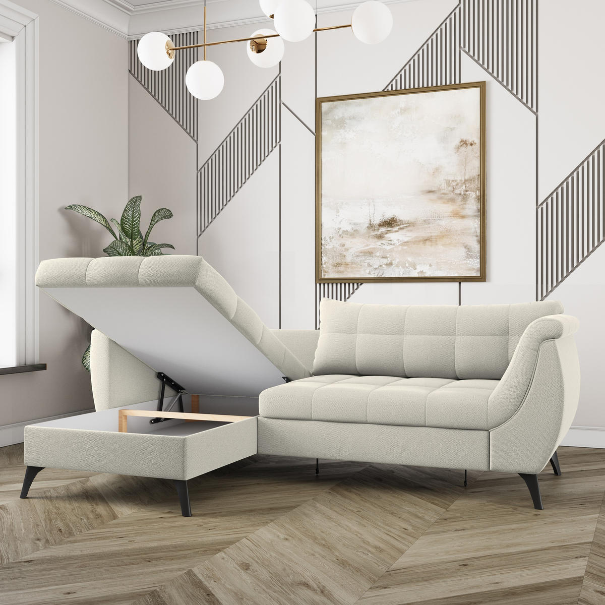 ECKSOFA MOLLIS Creme Geflochtener-Stoff mit Schlaffunktion - Creme, Holz (241/154cm) - MASSENO