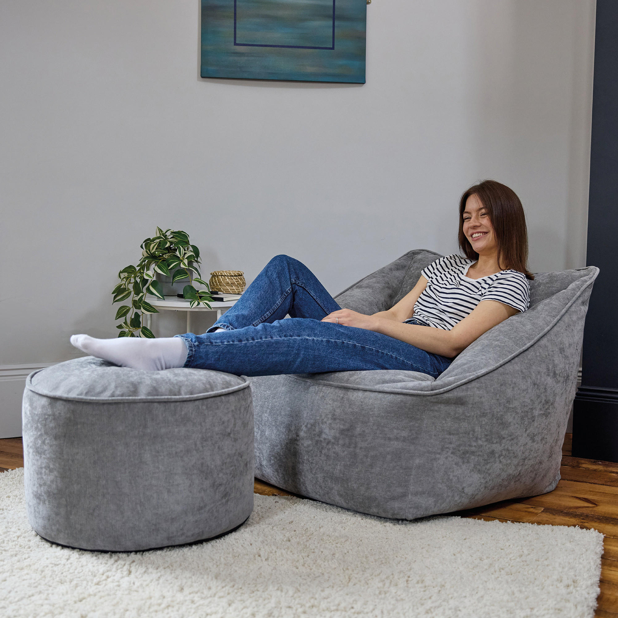 SITZSACK Chenille-Sessel icon Natalia und Fußhocker-Sitzsack Milano im 2-teiligen Set, grau - Grau, Kunststoff/Textil (100/80/88cm) - icon