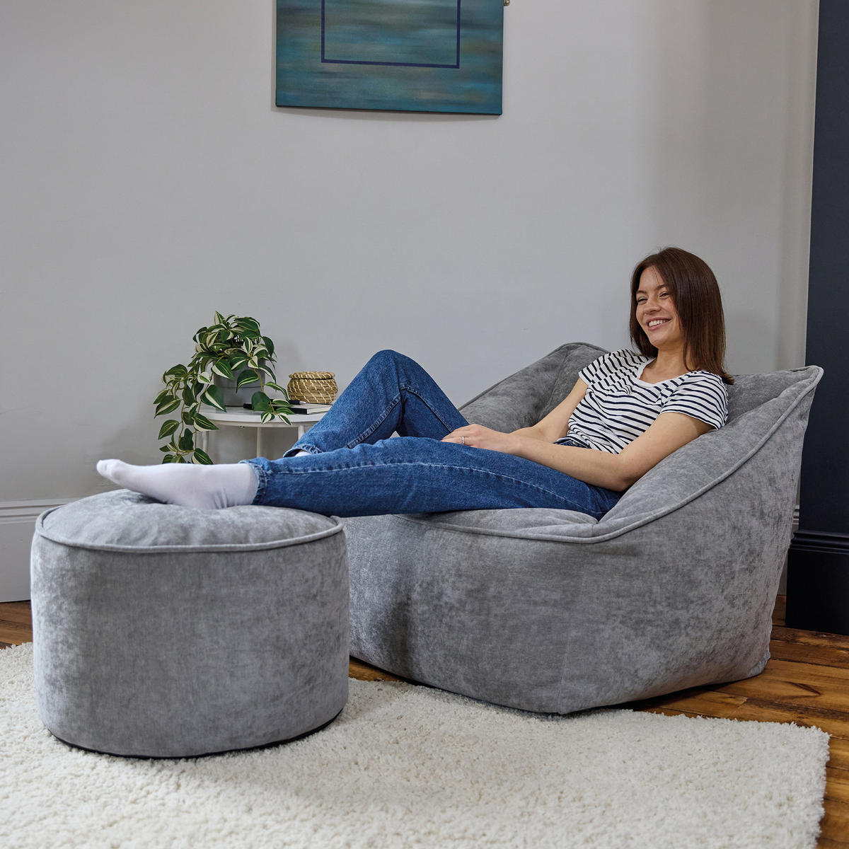 SITZSACK Chenille-Sessel icon Natalia und Fußhocker-Sitzsack Milano im 2-teiligen Set, grau - Grau, Kunststoff/Textil (100/80/88cm) - icon
