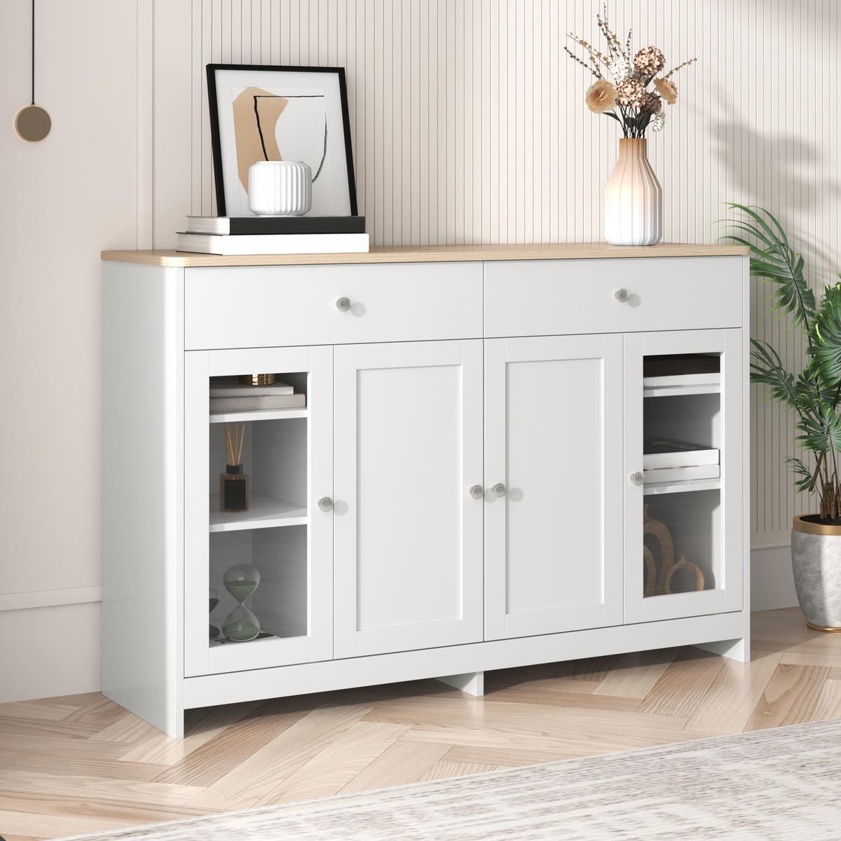 SIDEBOARD in Naturfarben und Weiß Kommode mit Glastüren für Wohnzimmer und Esszimmer, B120/T37/H80 cm - Weiß/Naturfarben, Glas/Holzwerkstoff (120/80/37cm) - STILVORA