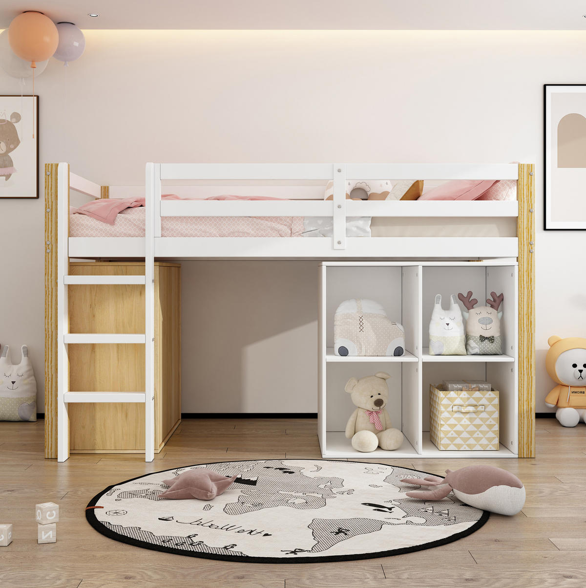 KINDERHOCHBETT mit 2 Aufbewahrungsschränken, 90/200 cm, Natur/Weiß, ohne Matratze - Weiß, Holz (90/200cm) - MIVRAY
