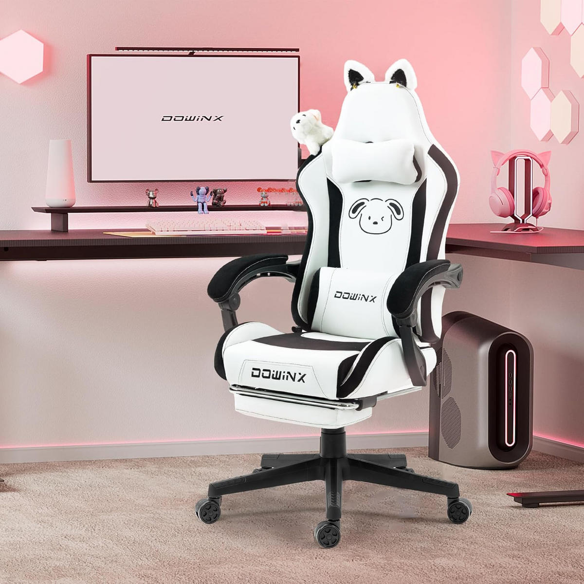 GAMING Stuhl & Lendenwirbelstütze/Hoher Rückenlehne/Fußstütze PU-Leder - Weiß, Leder (72/118/72cm)