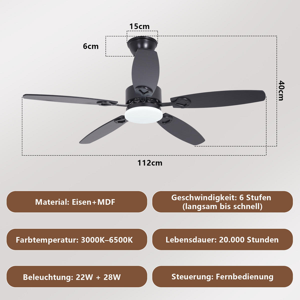 LED DECKENVENTILATOR Ularen 112/15/40 cm - Schwarz, Metall (112/15/40cm) - ZMH