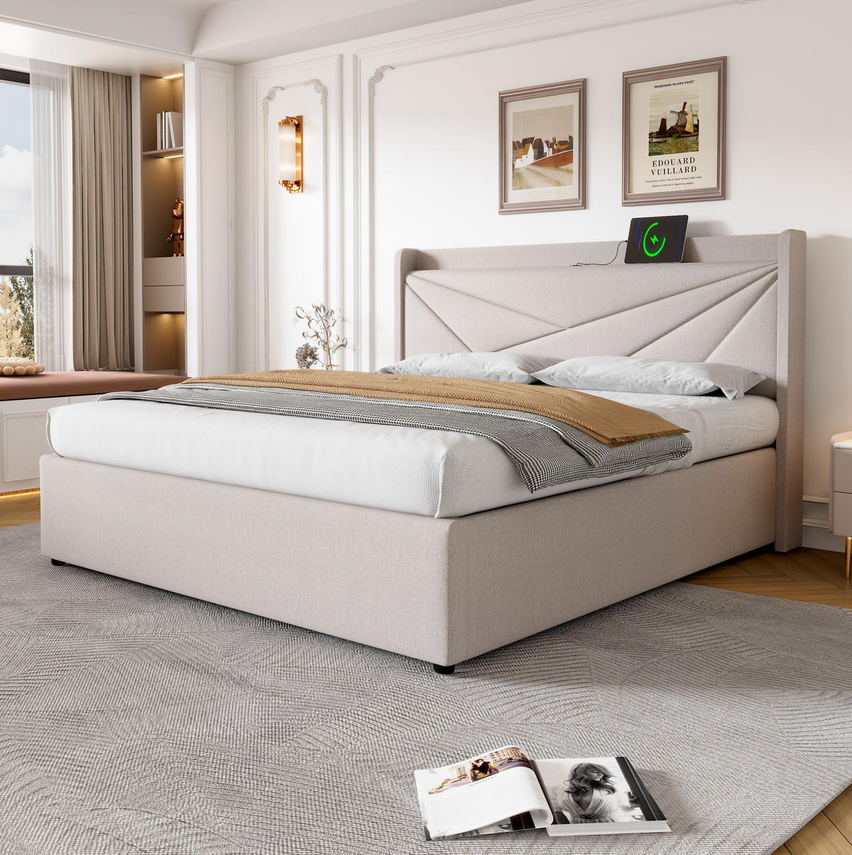 POLSTERBETT 140/200 cm aus Baumwoll-Leinen-Mix mit Bettkasten und USB-C Beige - Beige, Textil (140/200cm) - Modenvie