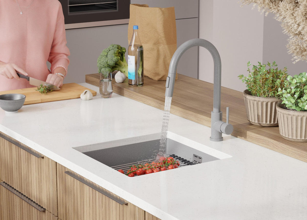 UNTERBAUSPÜLE GRANIT Praga, 2-er set Grau 46/47 cm 1 Becken + Ablauf-Set + Aufrollbare Abtropffläche ab 50er Unterschrank - Chromfarben/Grau, Kunststoff (46/20/47cm) - Primagran