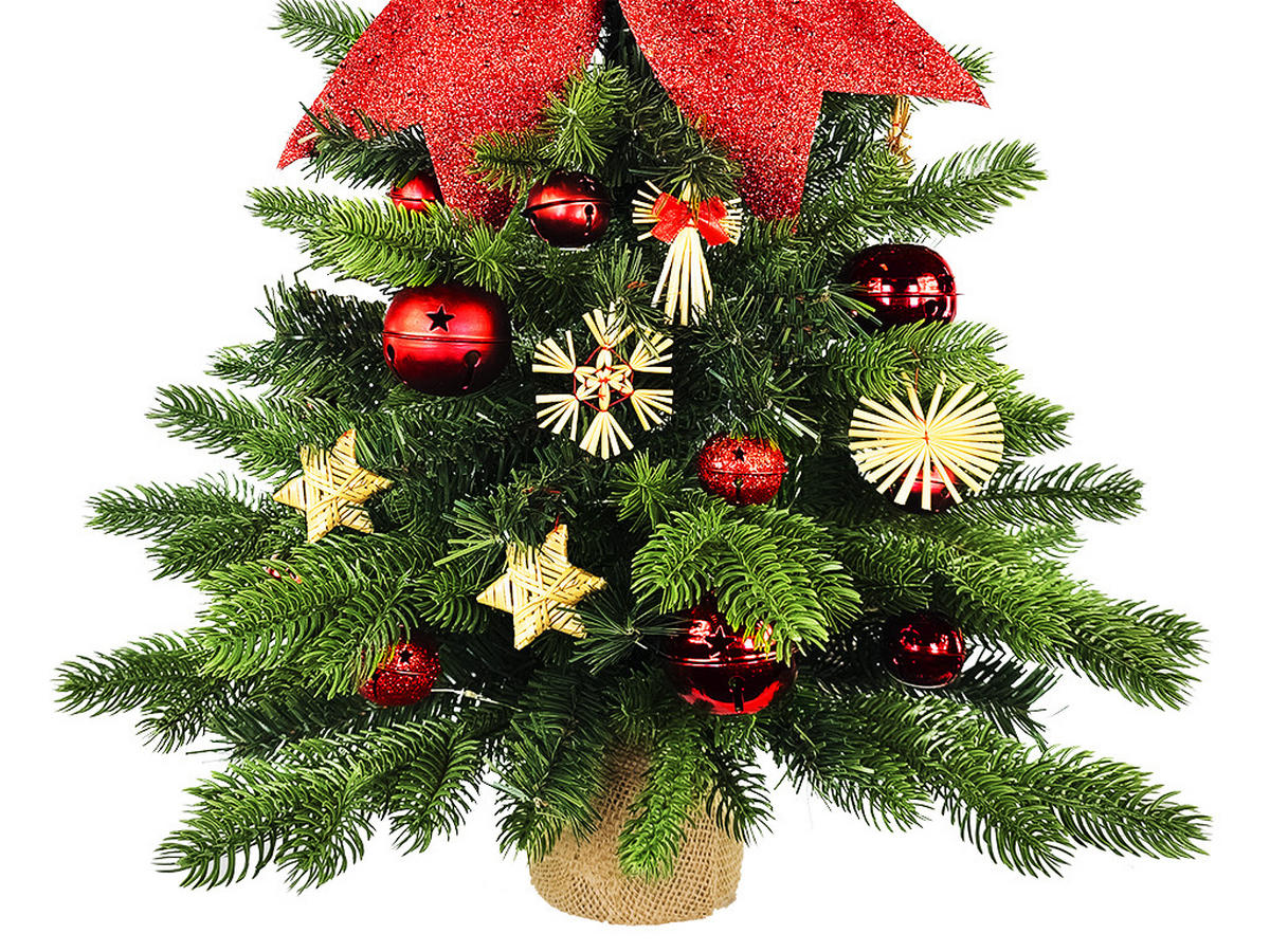 WEIHNACHTSBAUM künstlicher 60 cm mit LED-Beleuchtung, STROHORNAMENT, mit 31 Weihnachtsbaumschmuck, Pflanztopf mit Jutesack - Rot/Braun, Kunststoff/Stein (40/60cm) - LAALU