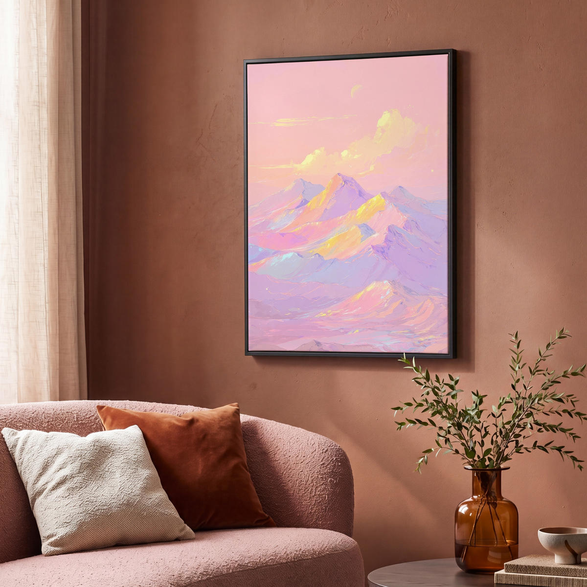 LEINWAND Bilder mit Rahmen - Berggipfel - Wolken - Verträumt - 70x100 - Hellrosa, Textil (70/100cm) - MuchoWow