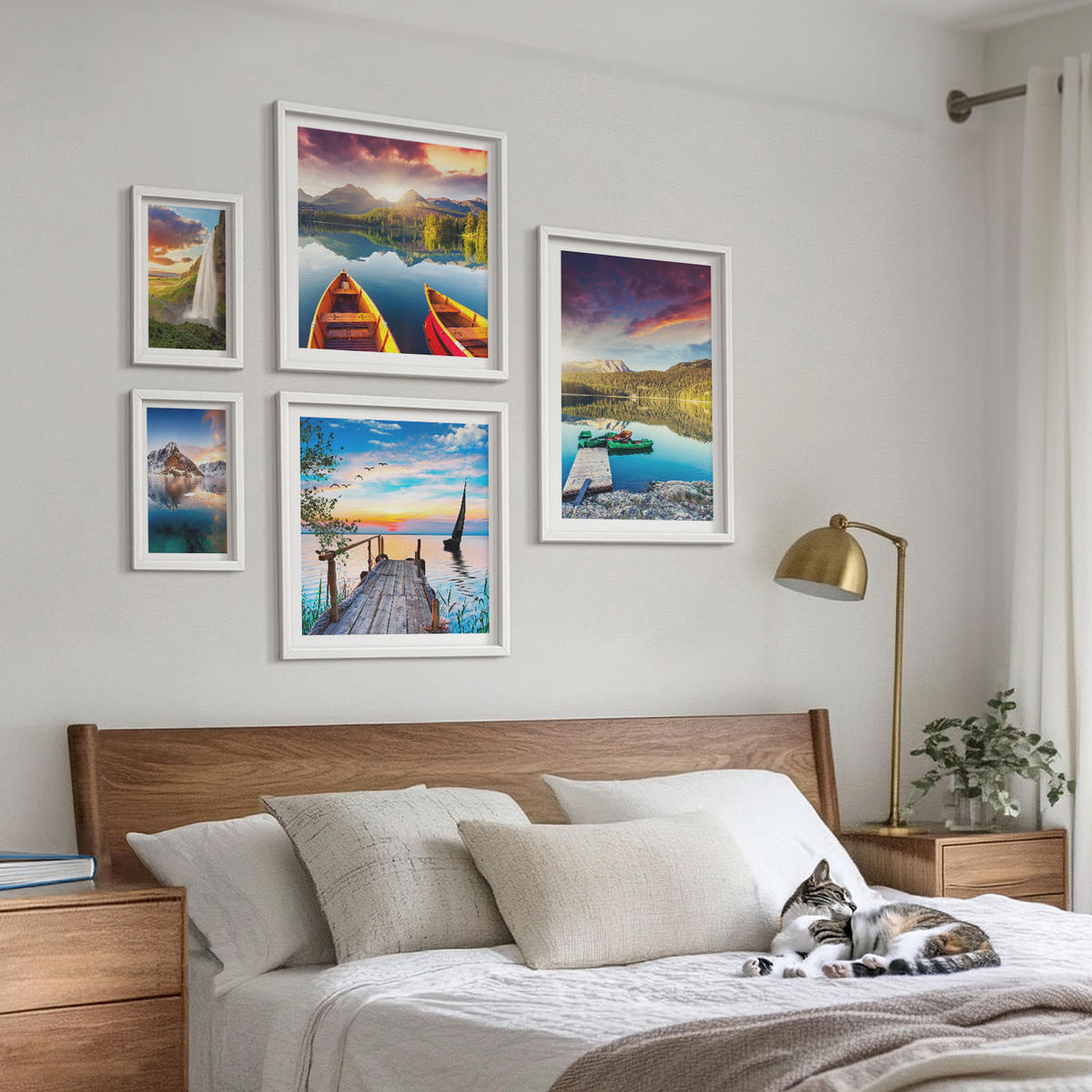 BILDER SET 5er Set - 50x50 cm & 20x30 cm & 40x60 cm Weißer Rahmen - Seen- und Berglandschaft Łódź - Weiß, Kunststoff (40/60cm) - TULUP