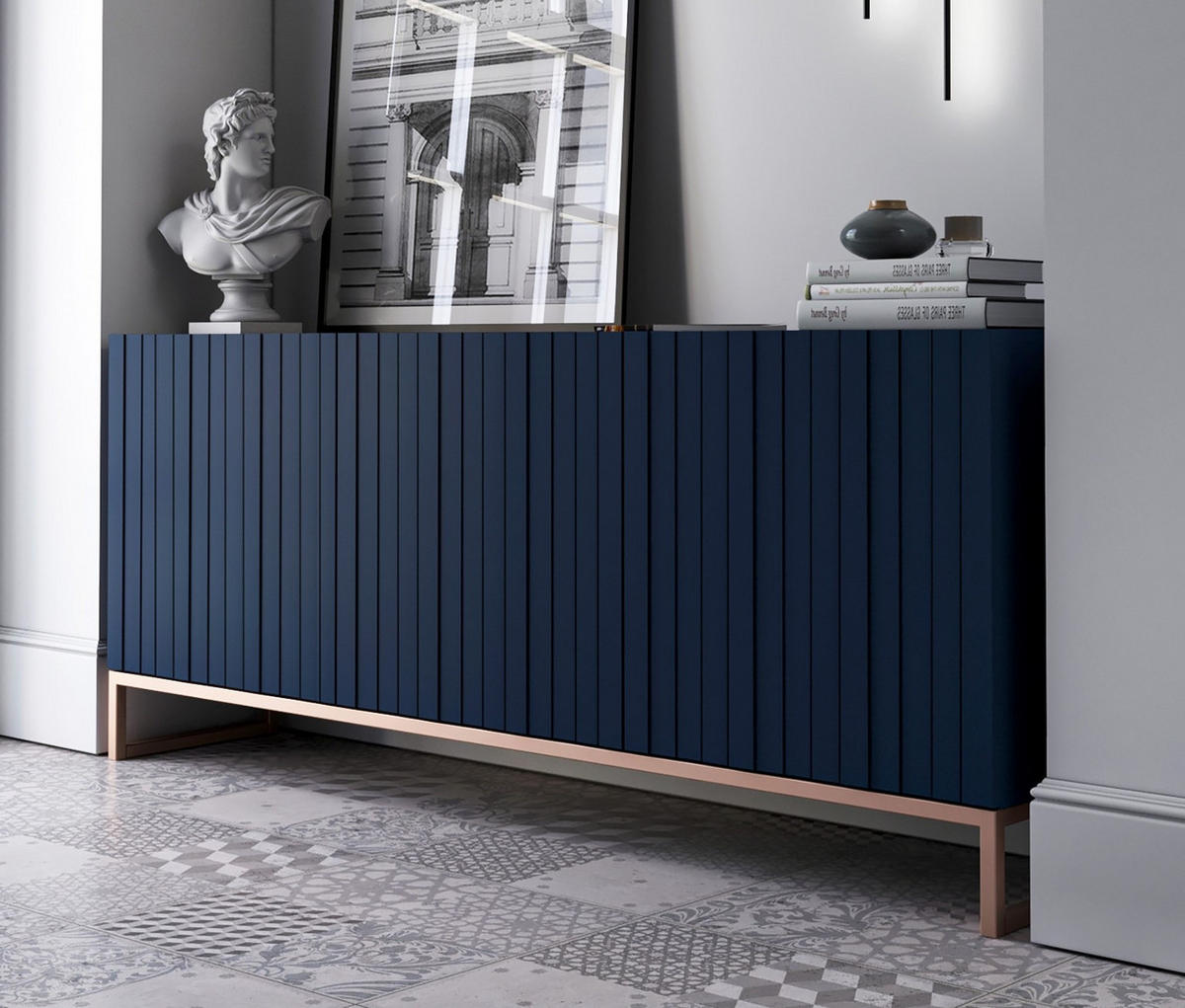 KOMMODE Elpis 3D Marineblau Matt Glamour 168 cm - Blau/Kupferfarben, Holzwerkstoff/Metall (168/72/36.5cm) - Meble Lindner
