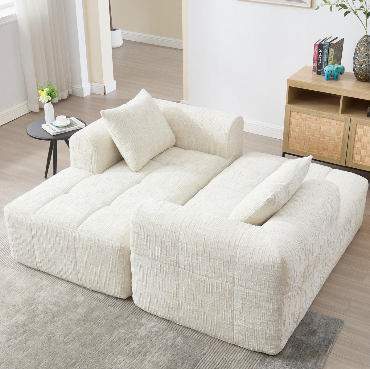 ECKSOFA 250/158/60 cm mit Chaiselongue, 3 Kissen und Seitentaschen, Chenille, Beige - Weiß, Textil (158/250cm) - Redom