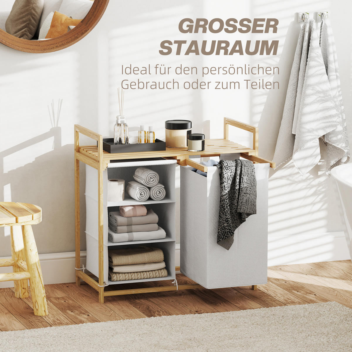 WÄSCHEKORB 4 Fächer Wäschesammler, 70 x 36 x 70 cm Bambus Weiß - Weiß, Naturmaterialien (70/70/36cm) - HOMCOM