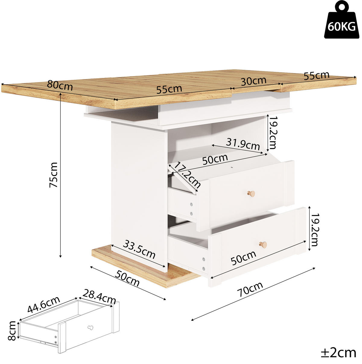 ESSTISCH Ausziehbarer aus MDF mit Stauraum, 110-140/80/75 cm, Weiß/Natur - Weiß, Holzwerkstoff (110/80/75cm) - Redom