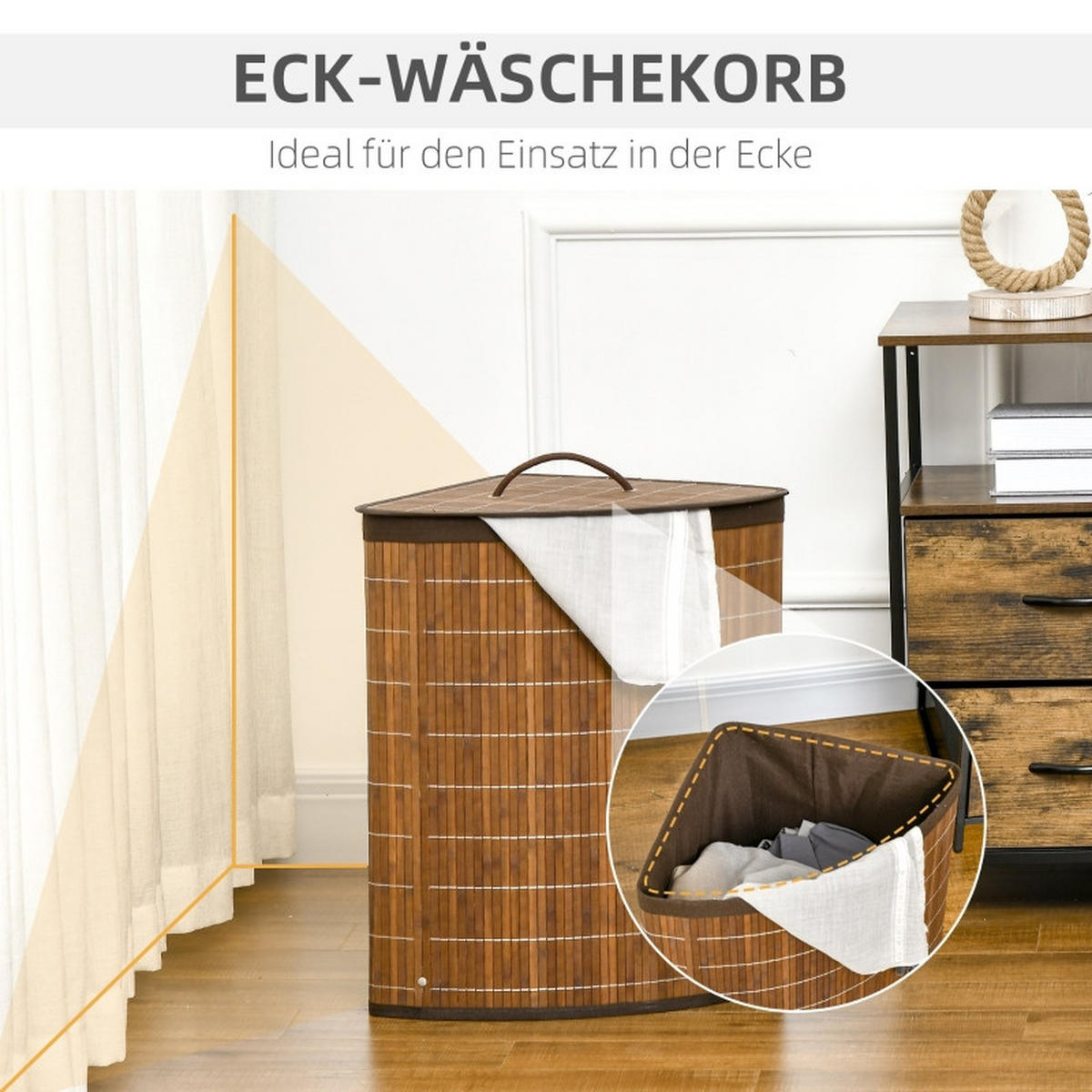 WÄSCHEKORB Wäschesammler, 55L Fassungsvermögen, abnehmbarer Deckel, 38 cm x 38 cm x 57cm, Braun - Braun, Holz (38/57/38cm) - Ej. Life