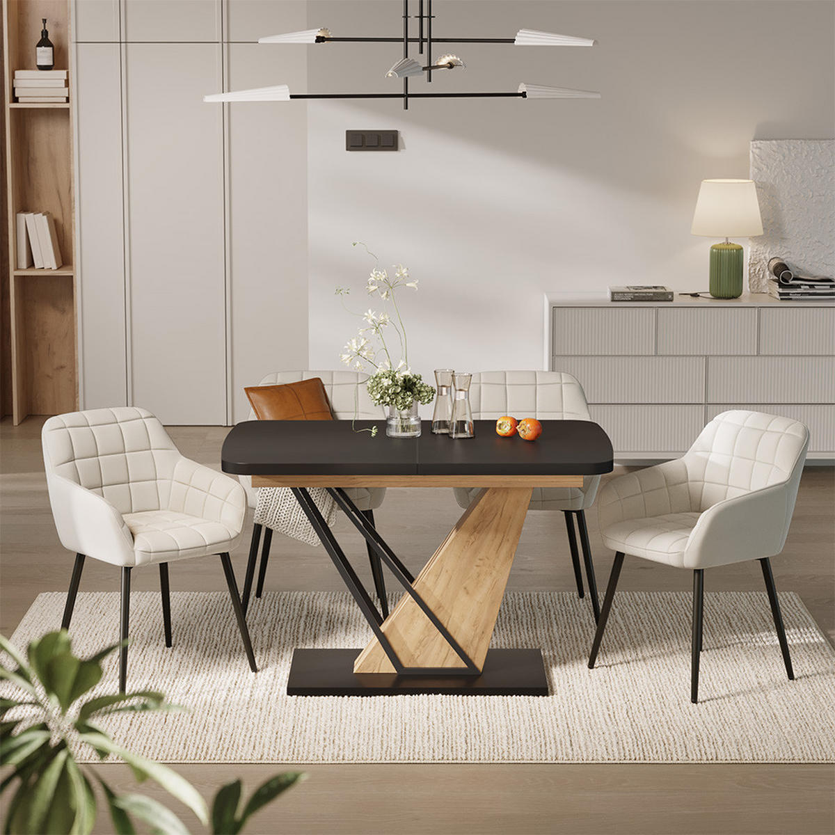 JEDILNA MIZA Fenaro, Črna/Zlati hrast z močjo, 120 x 80 cm s 4 jedilnimi stoli - črna/barve hrasta, leseni material (120/76/80cm) - Vicco