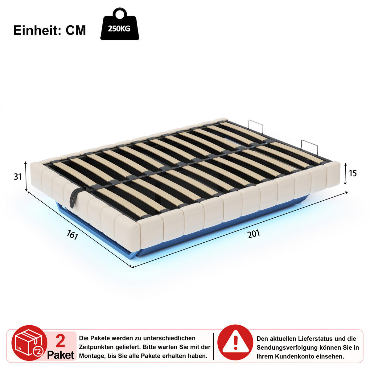 ČALOUNĚNÁ POSTEL 160/200 cm v béžové lněné látce s úložným prostorem a LED osvětlením - béžová, kov/kompozitní dřevo (160/200cm) - WISHDOR
