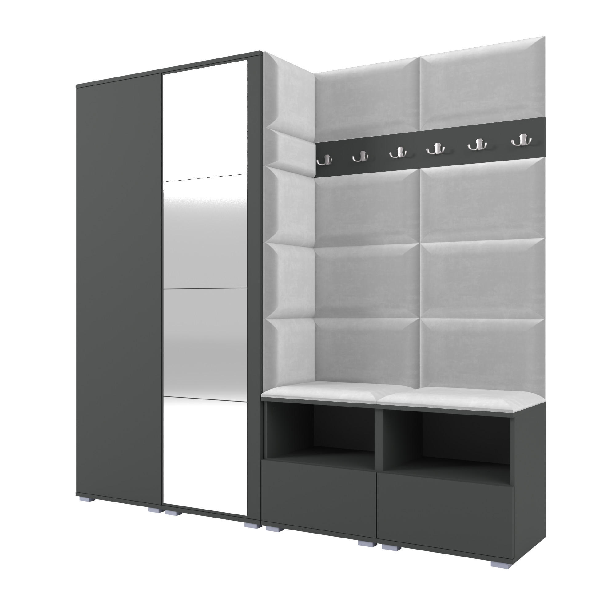 GARDEROBE NELA VI 200 cm (Modulare Flurmöbel Graphit mit Spiegel & Sitzpolster Hellgrau 32 Universell) - Silberfarben/Hellgrau, Holz/Holzwerkstoff (200/187/40cm) - Ravio