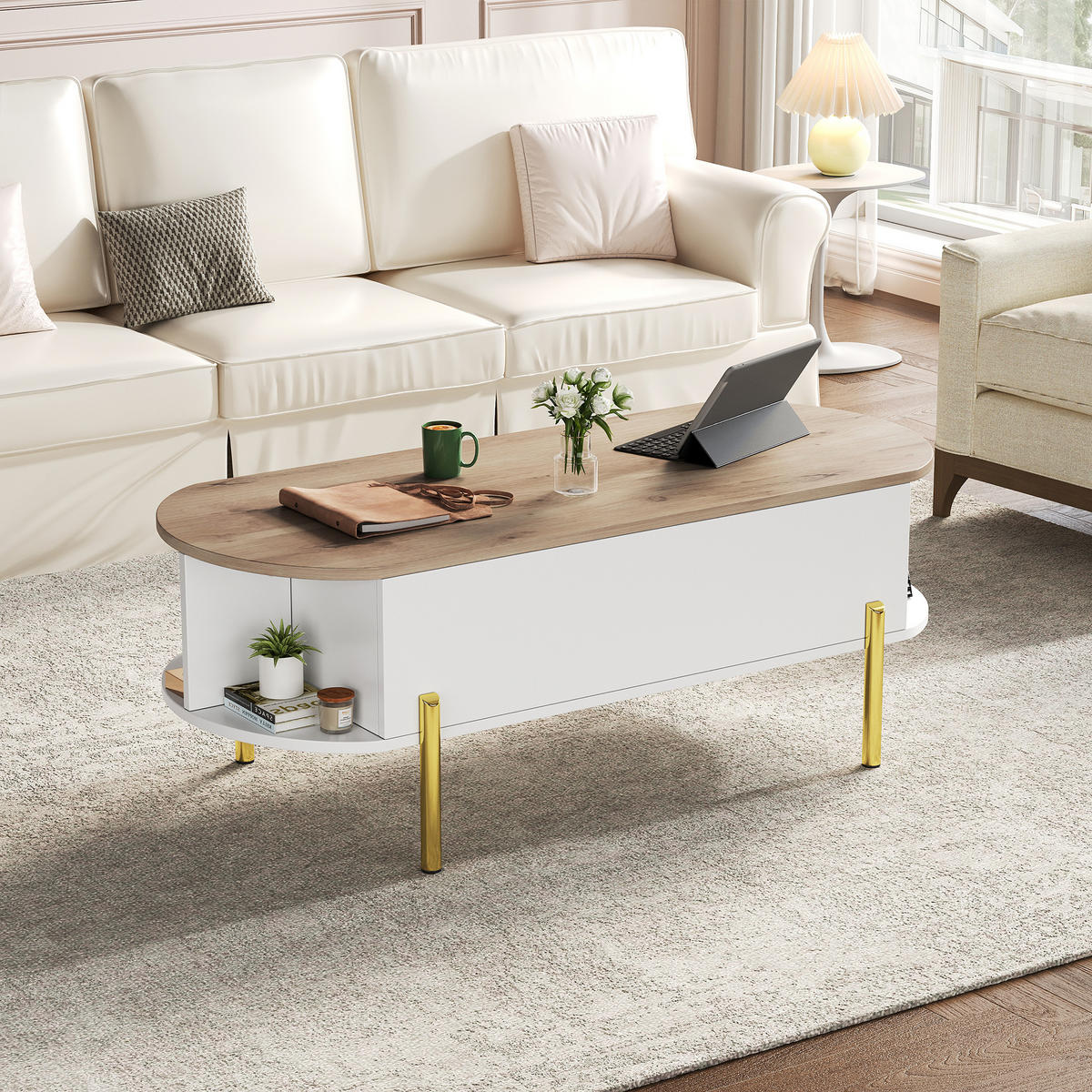 COUCHTISCH 120x50x43 cm Holz Weiß Lift Stauraum 7 Fächer - Weiß, Holzwerkstoff (120/50/43cm)