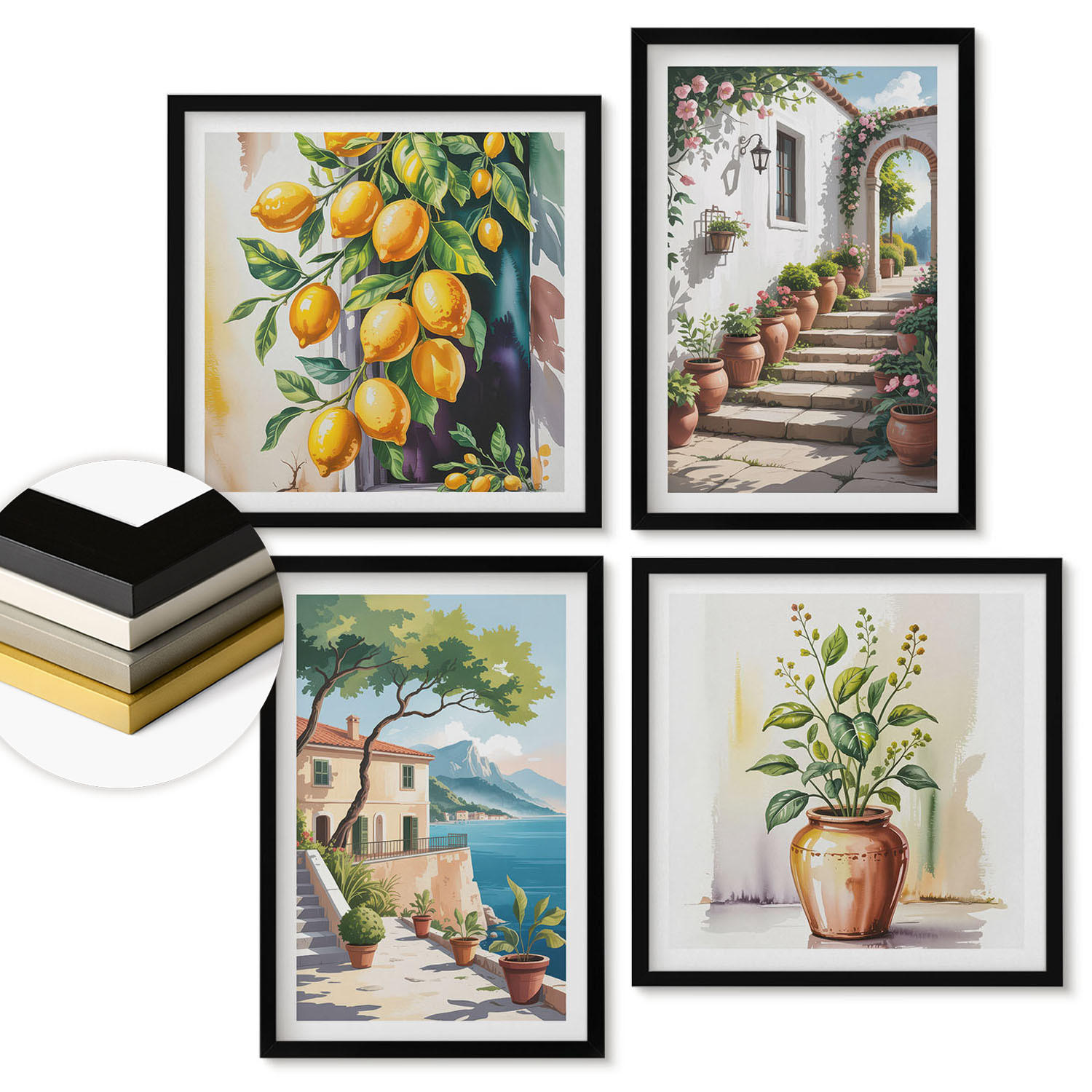 WANDBILDER 4er-Set - 50x50 cm & 40x60 cm Schwarzer Rahmen - Zitronenblüten am Meer - Schwarz, Kunststoff (50/50cm) - ArtPrintCave
