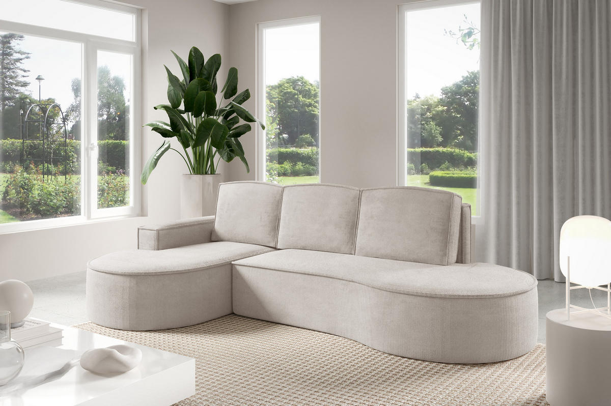 ECKSOFA MOLLY mit Schlaffunktion – Halbrund, freistehend, Liegefläche 140x207 cm, 3 Kissen, Abriamo-Stoff, 277x157x88 cm, Links Weiß - Creme, Holz/Textil (157/277cm) - DomoHome