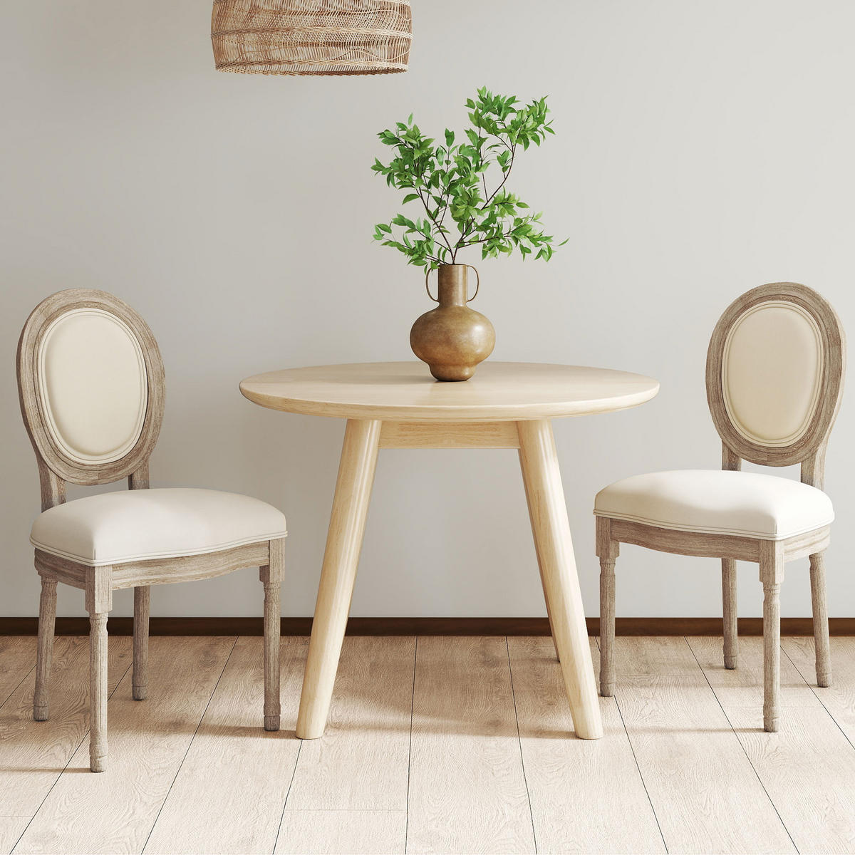 2ER Set Esszimmerstühle Küchenstuhl mit Rattan-Rückenlehne Linen-Touch - Creme, Kunststoff (56/96/49cm) - HOMCOM