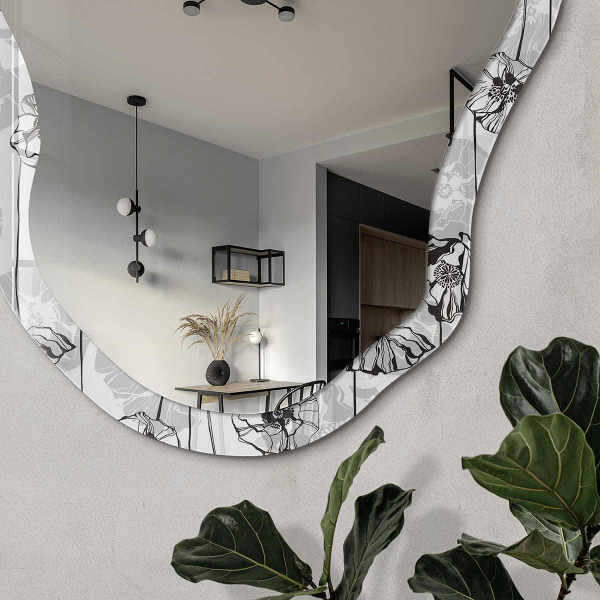 SPIEGEL 90x45 cm asymmetrisch mit Druck - Blumengrafiken - Transparent, Glas (45/90/0.4cm) - TULUP