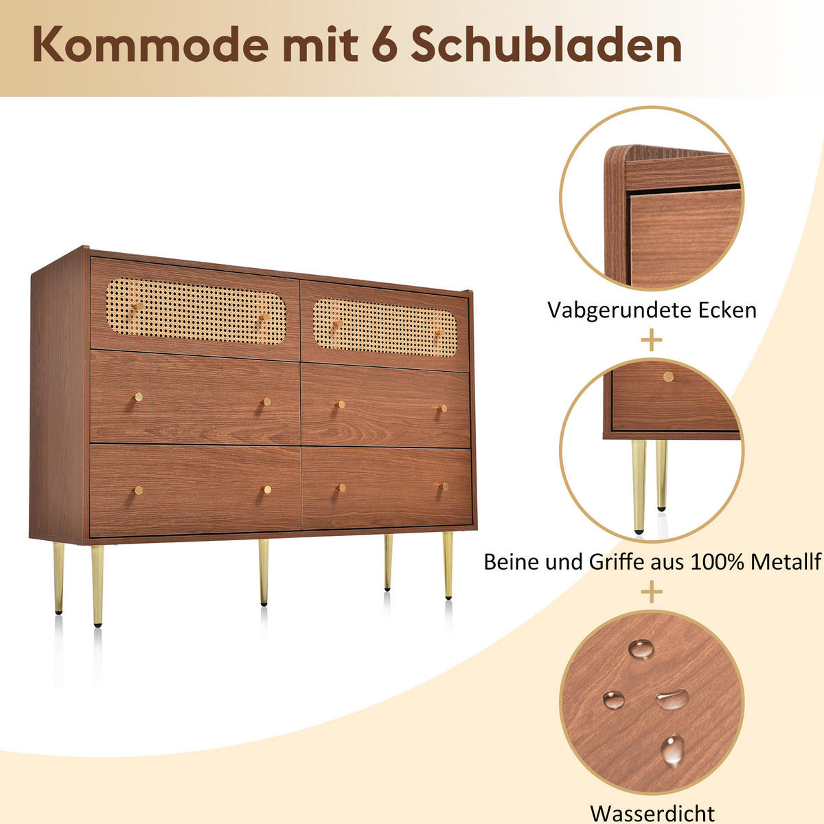 KOMODA 120/40/90 cm ze dřeva a kovu se 6 zásuvkami a ratanovými čely, Ořechová - přírodní, kov (120/90/40cm) - Redom