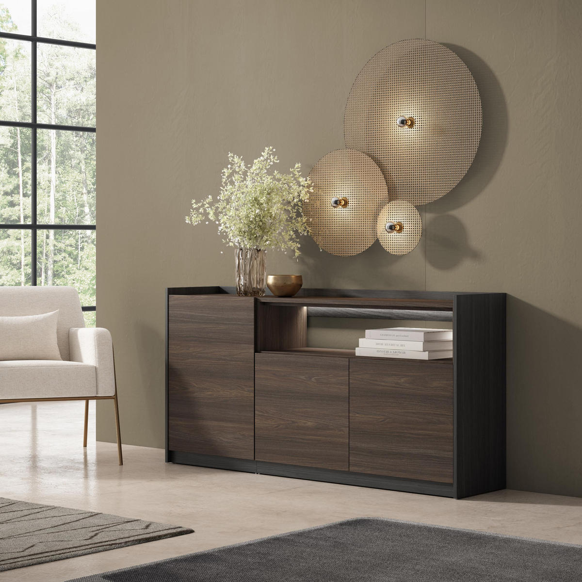 SIDEBOARD, Dunkler Eiche und Schwarz, 156/37/80cm, mit Led - Dunkelbraun, Holzwerkstoff (156/80/37cm) - Skraut Home
