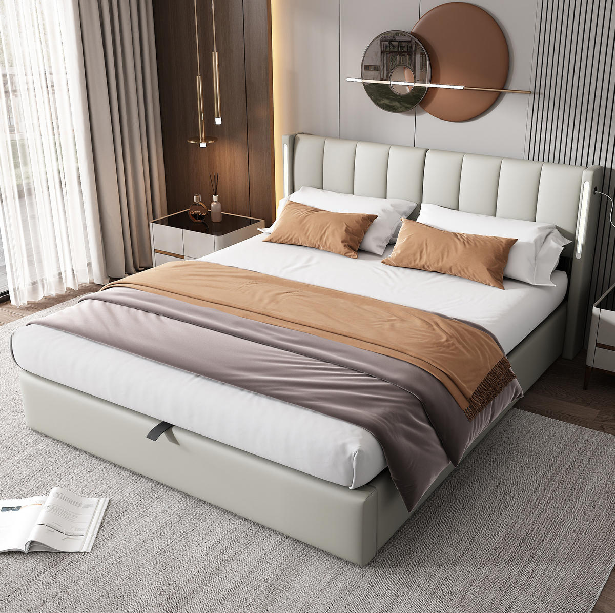 POLSTERBETT aus PU 140x200 cm Grau mit Stauraum, LED-Beleuchtung, USB-Anschluss und verstellbarem Kopfteil - Grau, Leder (140/200cm) - IVMEU