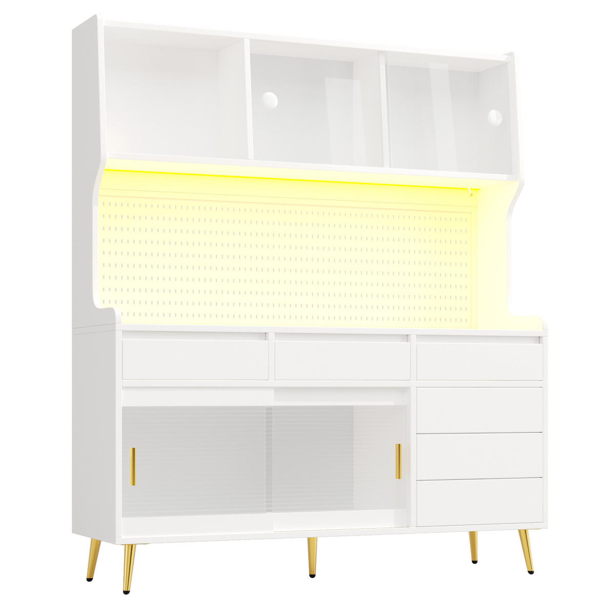 BUFFET 145/39/171 cm in Weiß mit LED-Beleuchtung und Schiebetüren - Weiß, Holzwerkstoff (145/171/39cm) - Flora Grace