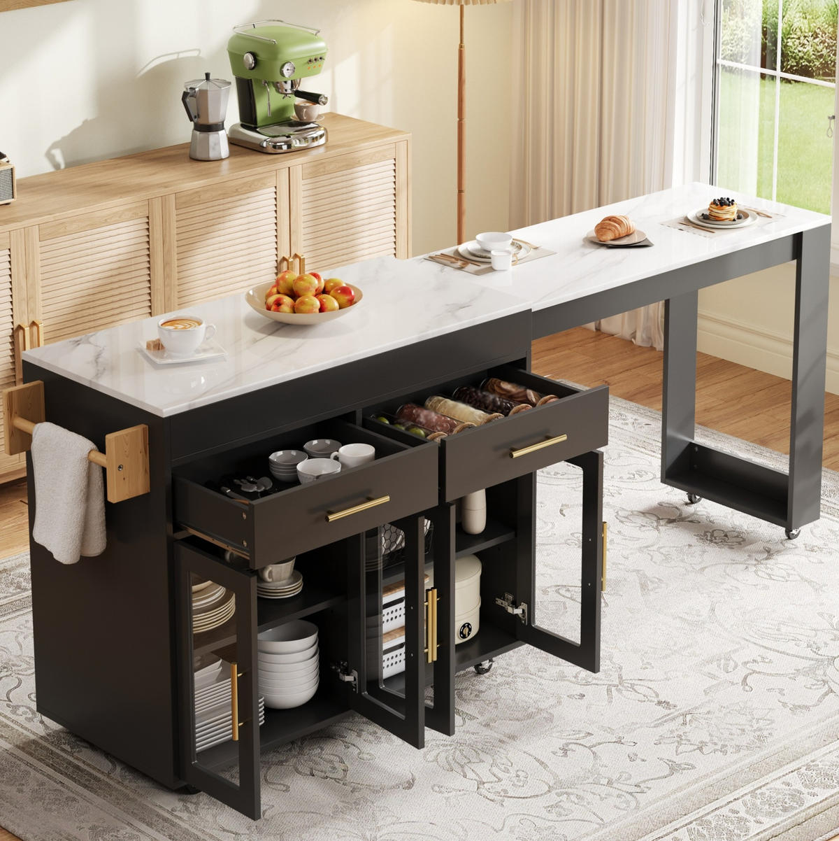 KÜCHENINSEL ausziehbar 132,5-217 x 50 x 93 cm MDF Black 3-tlg. - Schwarz, Holz (50/93/217cm) - Beauniv