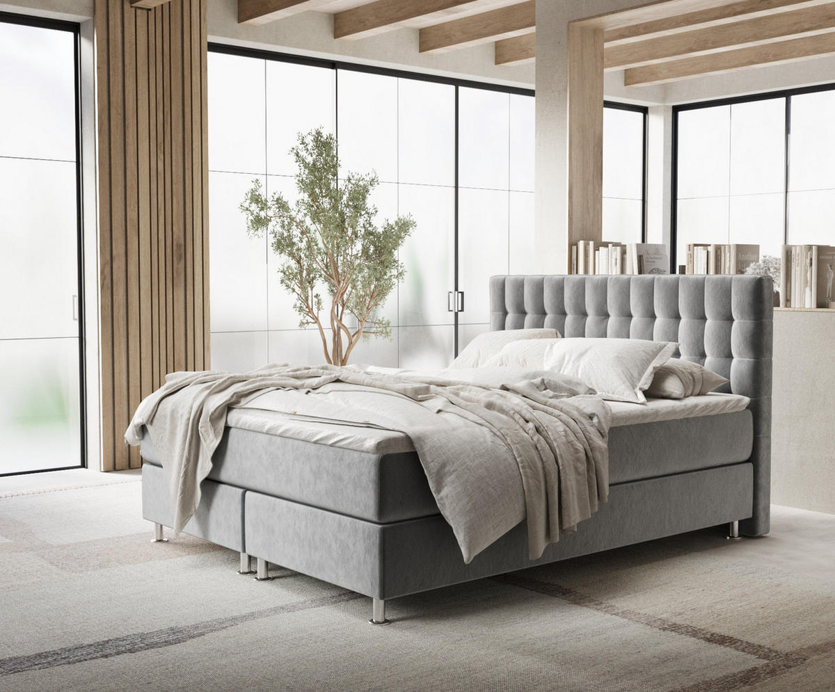 BOXSPRINGBETT Sorrento Grau 160/200 cm mit Latex-Topper - Silberfarben/Grau, Holz/Holzwerkstoff (160/200cm) - Maison de Reve