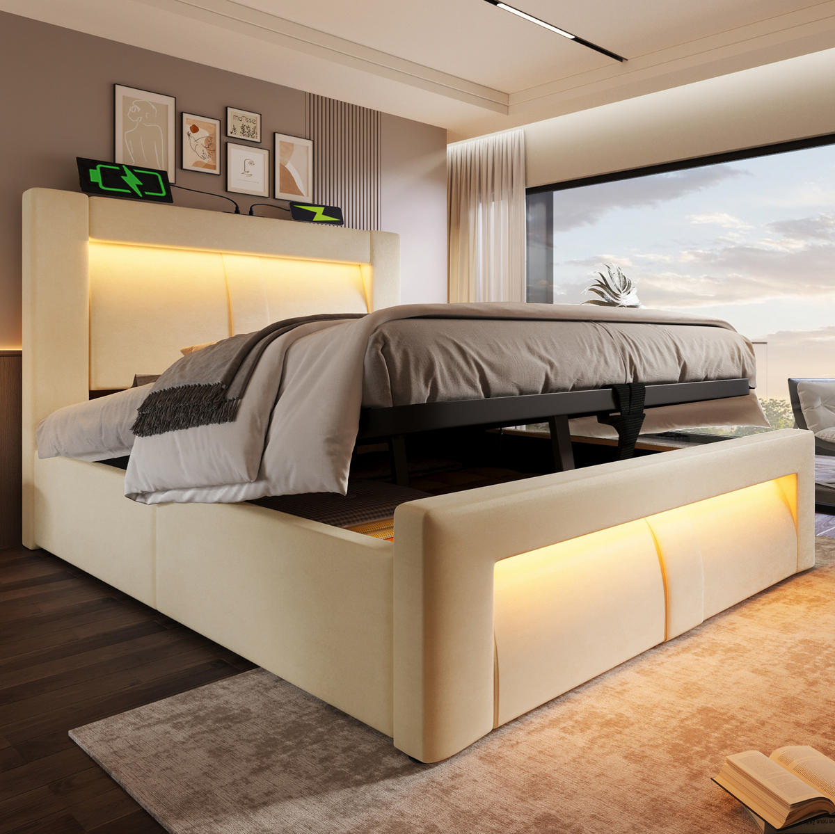 BETT mit Stauraum 90x200 cm Samt Beige mit LED und Ladeanschlüssen - Beige, Metall (90/200cm) - Meubliv