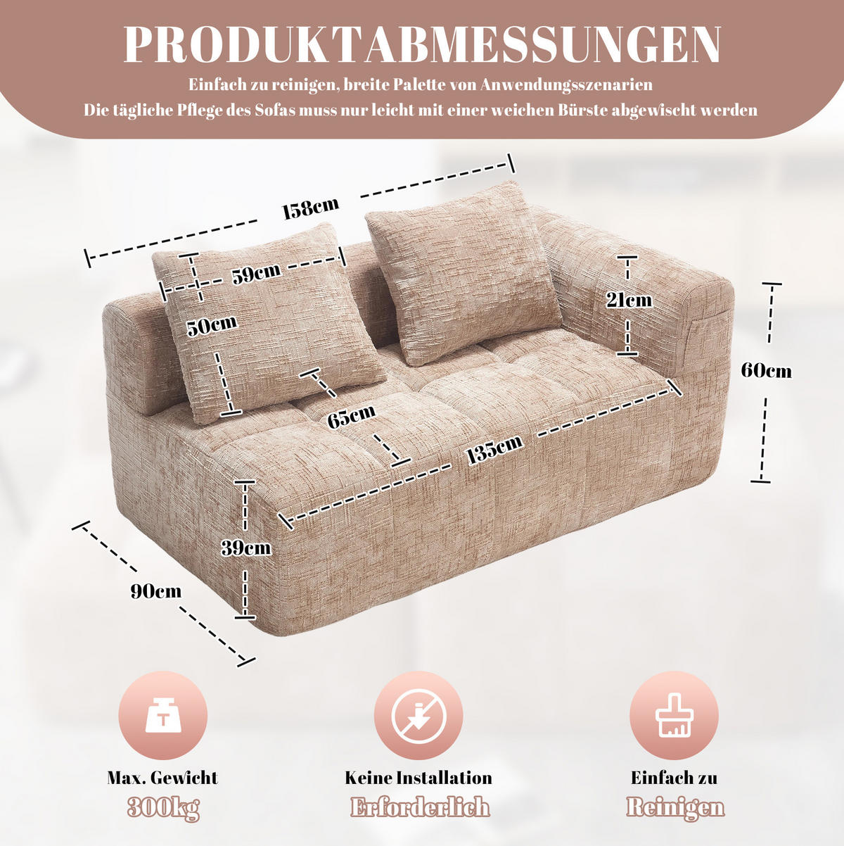 2-SITZER 158/90/60 cm Khaki aus Chenille mit Seitentaschen - Sandfarben, Textil (90/60/158cm) - OKMYHOME