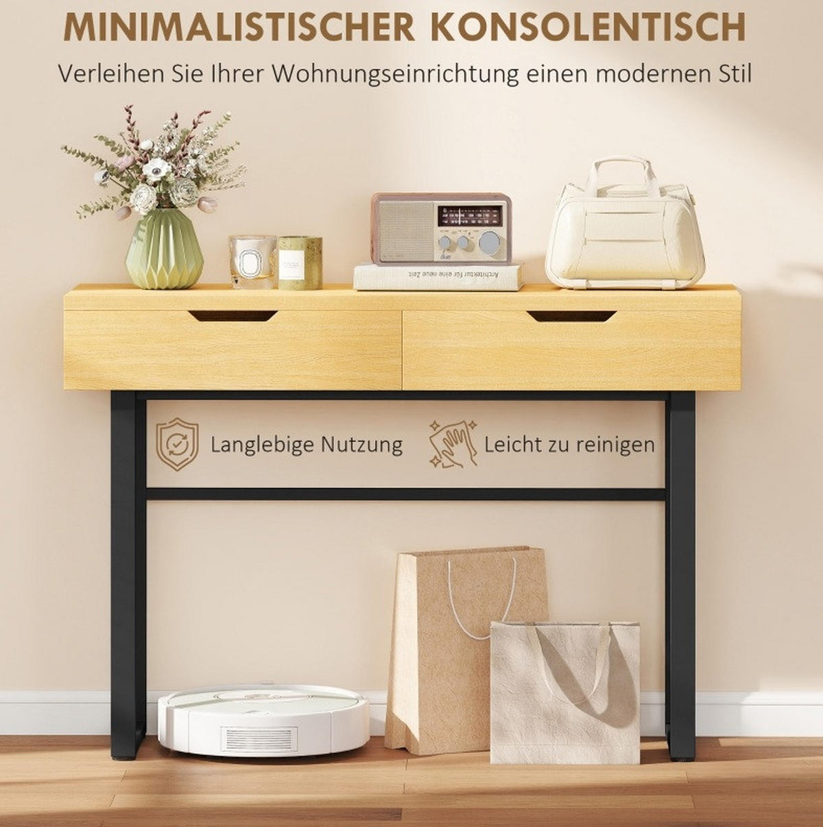 KONSOLENTISCH aus Spanplatte 110x35x76 cm und Metall in Naturholz mit 2 Schubladen - Naturfarben, Holz (35/110/76.5cm) - IVMEU