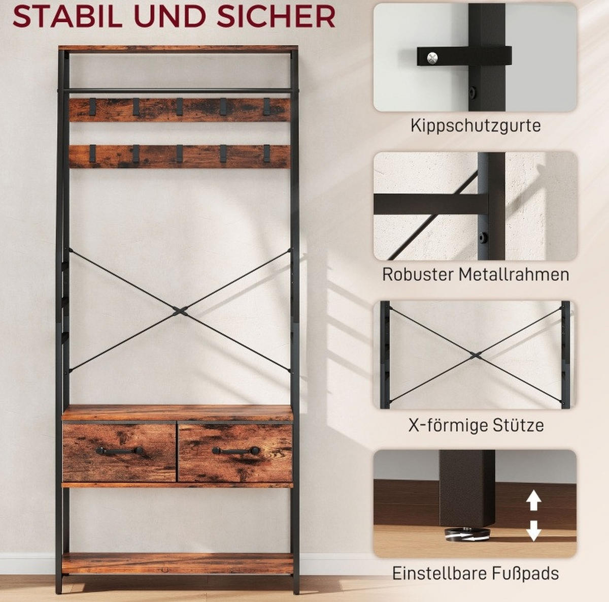 GARDEROBE 80/180/30 cm Braun aus Holz und Metall mit Schuhregal - Braun, Holz (30/180/80cm) - OKMYHOME