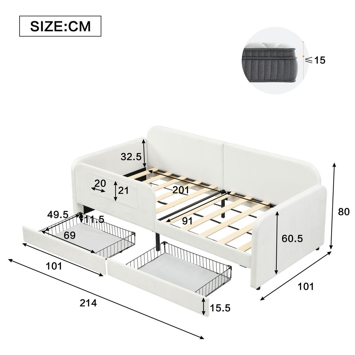 POLSTERBETT 90/200 cm Weiß mit Stauraum und erhöhtem Zaunbrett aus Samt - Weiß, Textil (90/200cm) - OKWISH