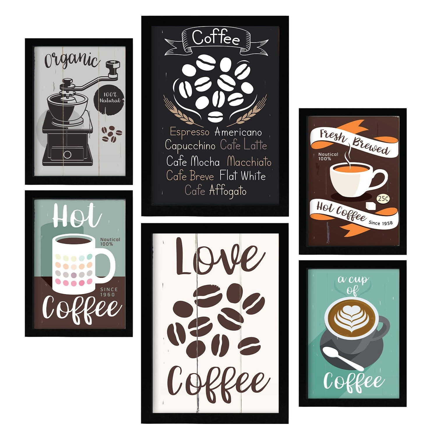 POSTER Set Mit 6 Kaffee Vollfarbige Illustrationen Von Kaffee & Getränken Im Werbetafel Illustrationen Für & Heim A3 & A4 Schwarzer Rahmen - Schwarz, Papier (29/3cm) - Nacnic