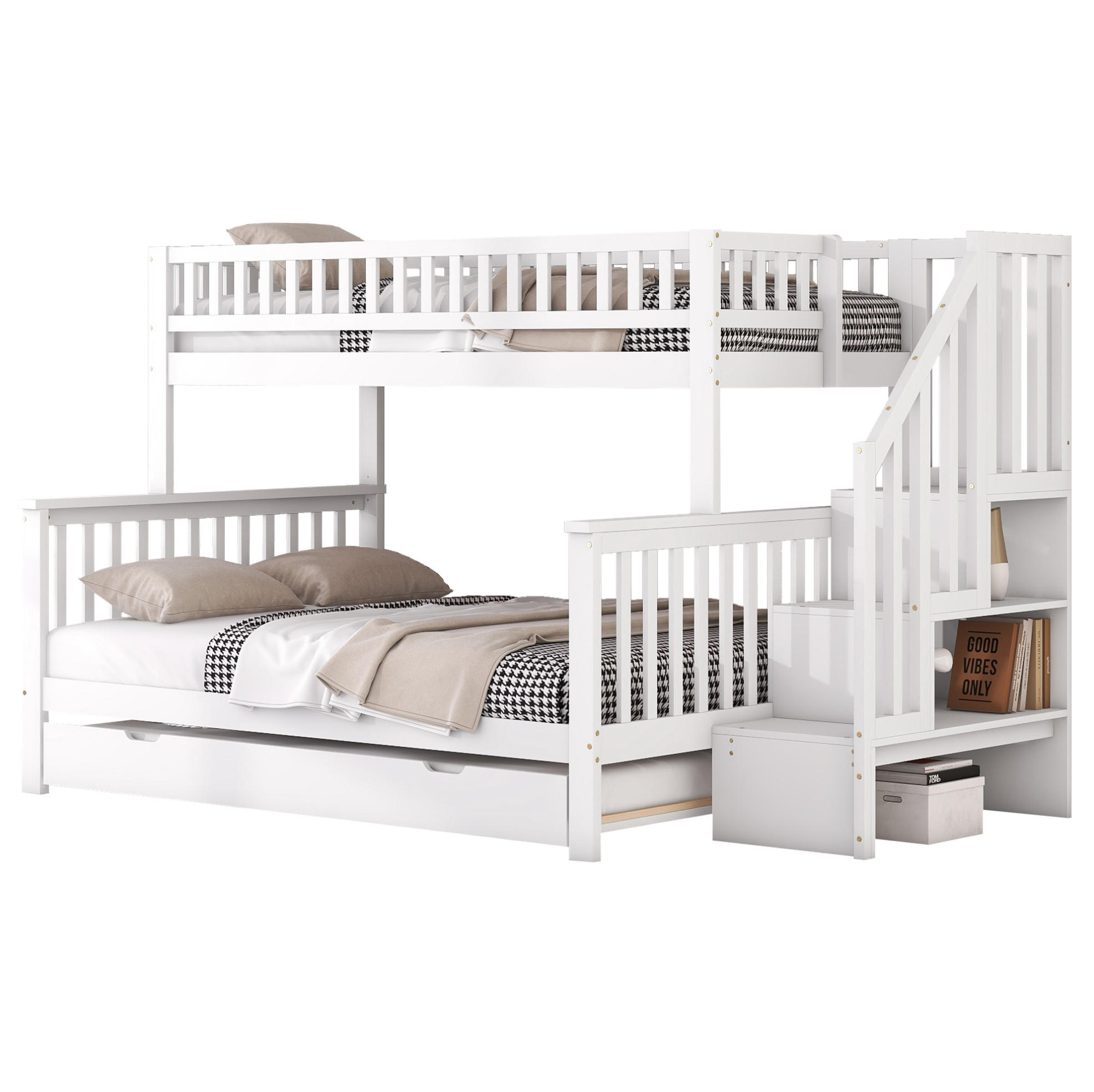 ETAGENBETT 253/240/160 cm aus Kiefer und MDF mit Ausziehbett und Stauraumtreppe Weiß - Weiß, Holz (140/200cm) - Modenvie