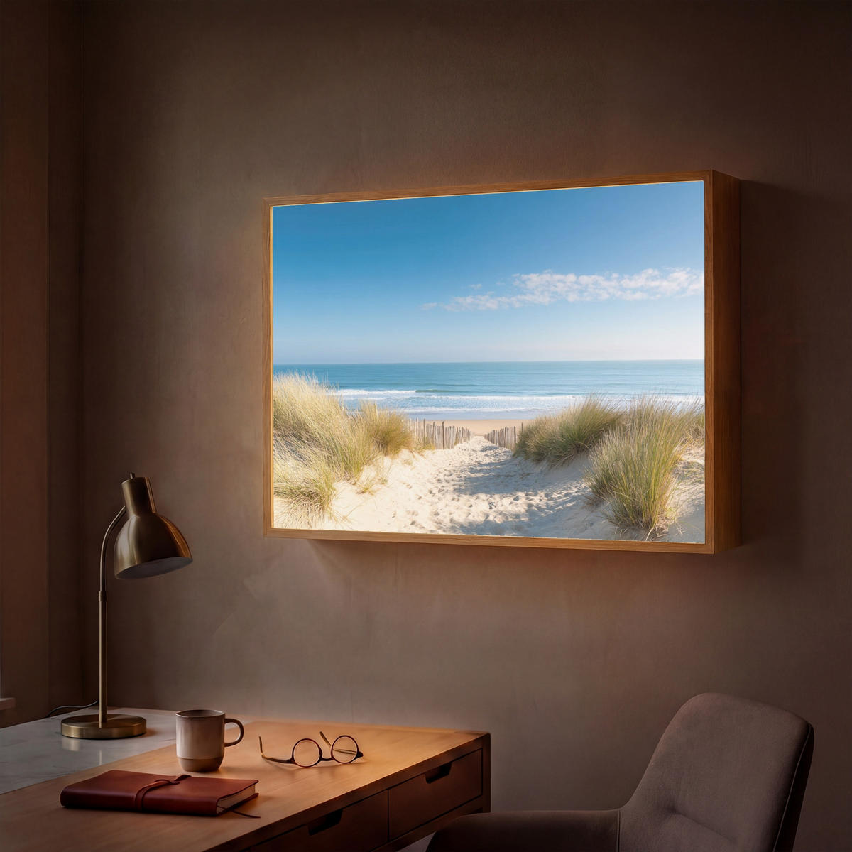 NÁSTĚNNÁ LAMPA S AKUMULÁTOREM Pláž - moře - duny - písek - léto 90x60 cm - písková barva, kompozitní dřevo (90/60/8cm) - OnlyWow