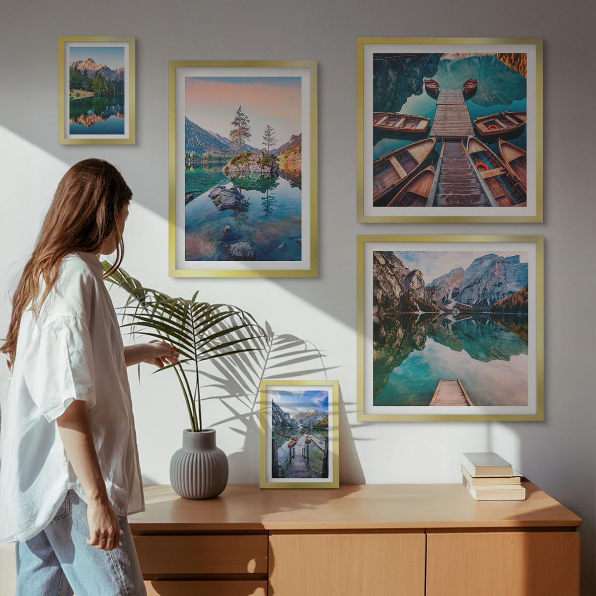 BILDER SET 5er Set - 50x50 cm & 20x30 cm & 40x60 cm Goldrahmen - Pfad Wald Wasserfall Vegetation - Goldfarben, Kunststoff (40/60cm) - TULUP