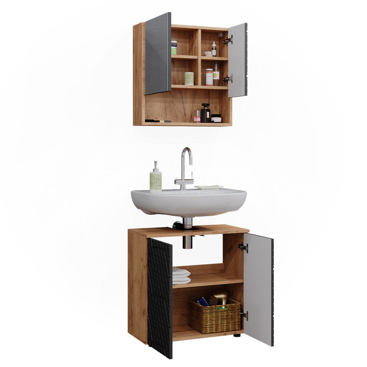 SÚPRAVA KÚPEĽŇOVÉHO NÁBYTKU Irma Antracit so štruktúrou včelieho plástu - antracitová, kompozitné drevo (80/58.6/41cm) - Vicco