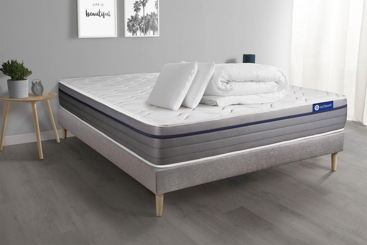 BETT Actimemo zen Memory-Schaum 180 x 200 cm h1 - Kit Bettgestell Grau - Mit Kissen und Bettdecke - Beige/Grau, Holz/Textil (180/200cm) - ACTISOM