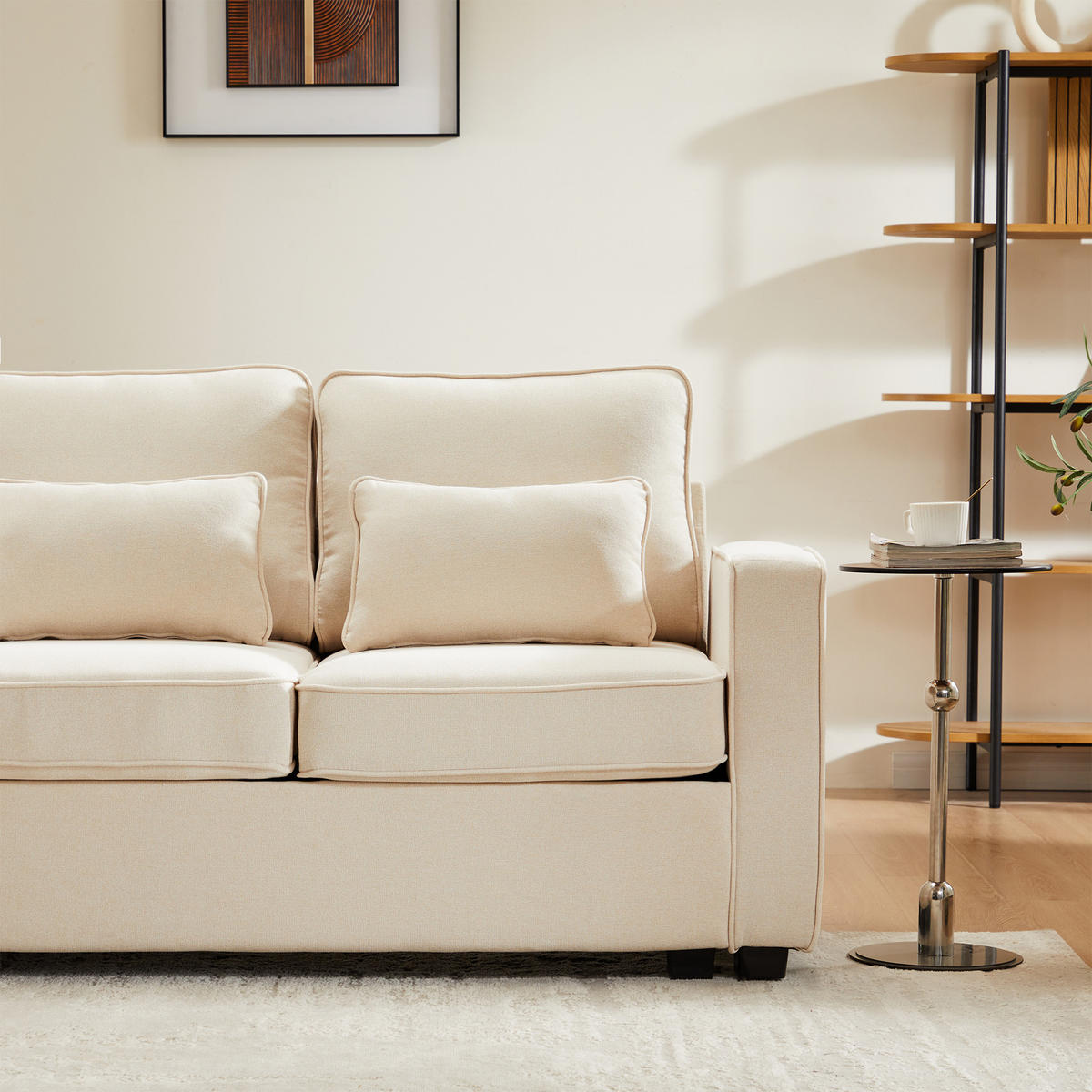 4-SITZER SOFA Leinen Beige mit Kissen und Armlehnentaschen - Beige, Holzwerkstoff/Kunststoff (264/87/83cm) - WISHDOR