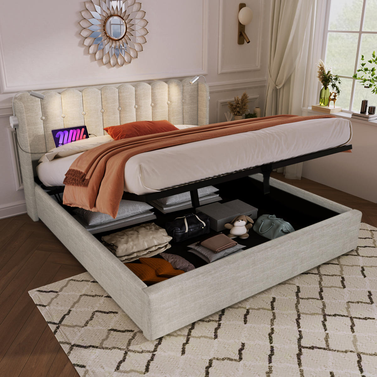 POLSTERBETT 140/200 cm in Naturfarben mit Stauraum und USB-Leselicht - Naturfarben, Textil (140/200cm) - Flora Grace