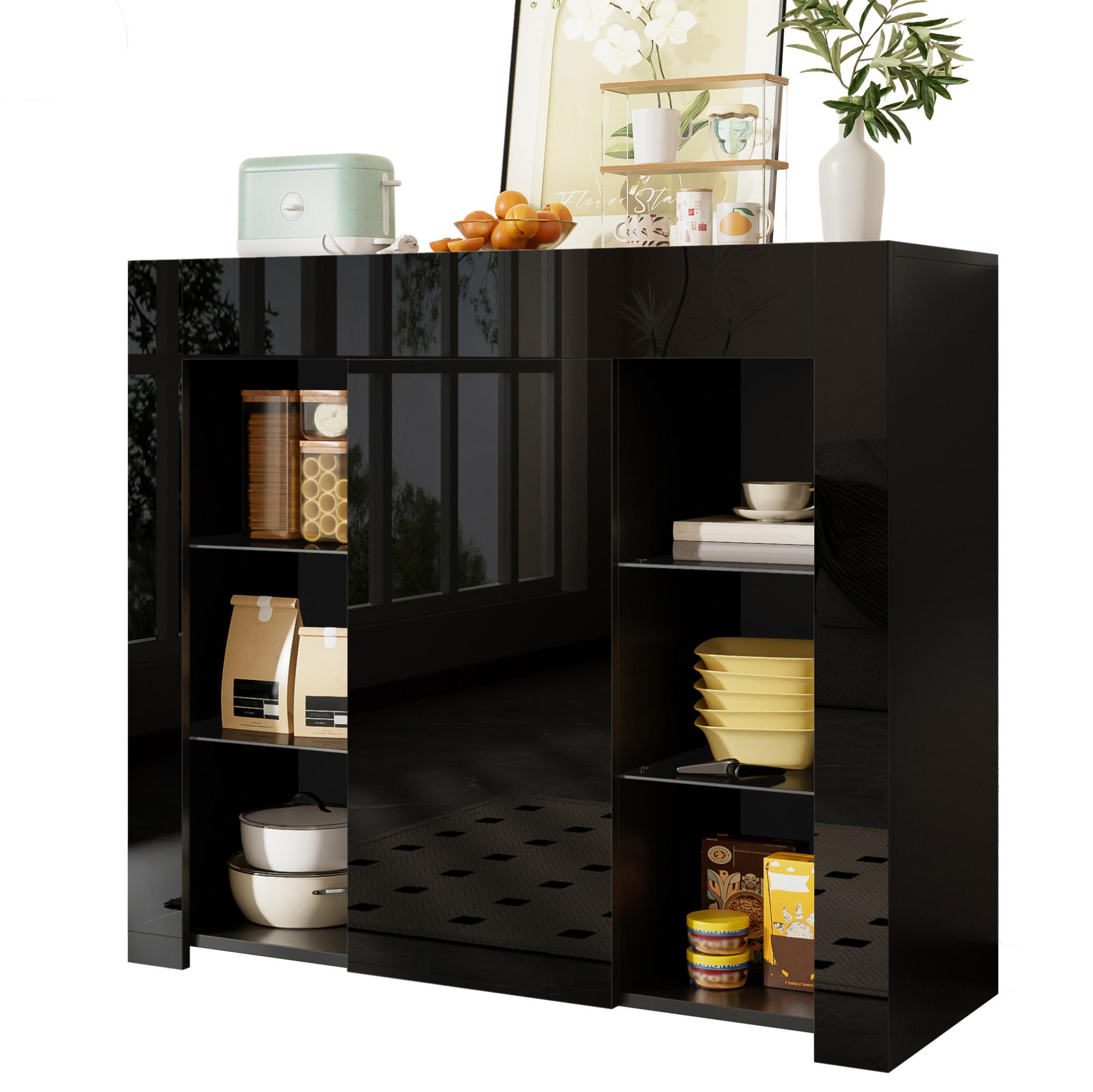 SIDEBOARD in Schwarz mit Hochglanz-Front und Glasregalen, 95/35/83 cm, Schwarz - Schwarz, Holzwerkstoff (95/83/35cm) - Redom