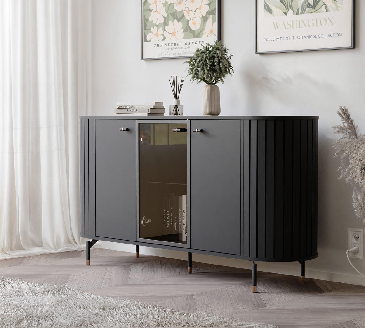 KOMMODE dreitürig, Schwarz mit LED-Beleuchtung - Schwarz, Holzwerkstoff (190/81/40cm) - Idohome