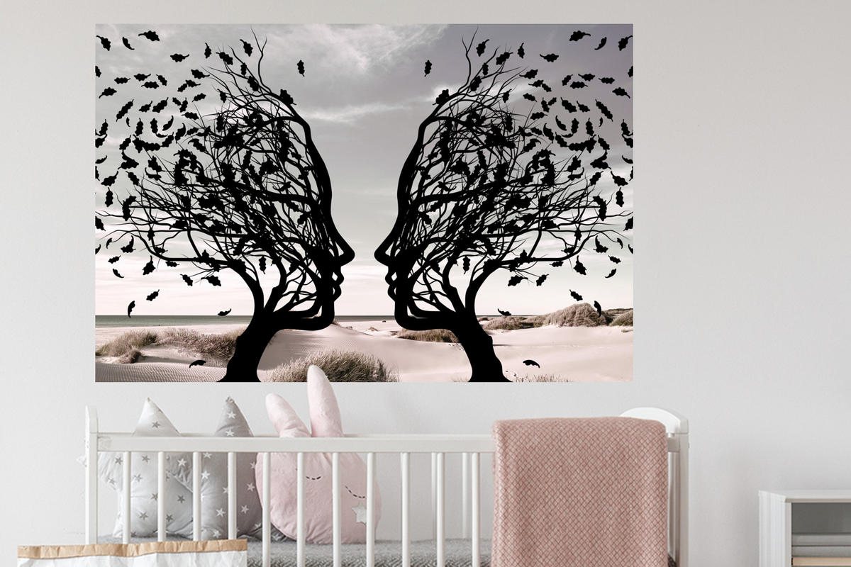 WANDTATTOO Strand - Meer - Menschen - Baum - Moderne Kunst 120x80 cm - Hellgrau, Kunststoff (120/80/0.1cm) - MuchoWow